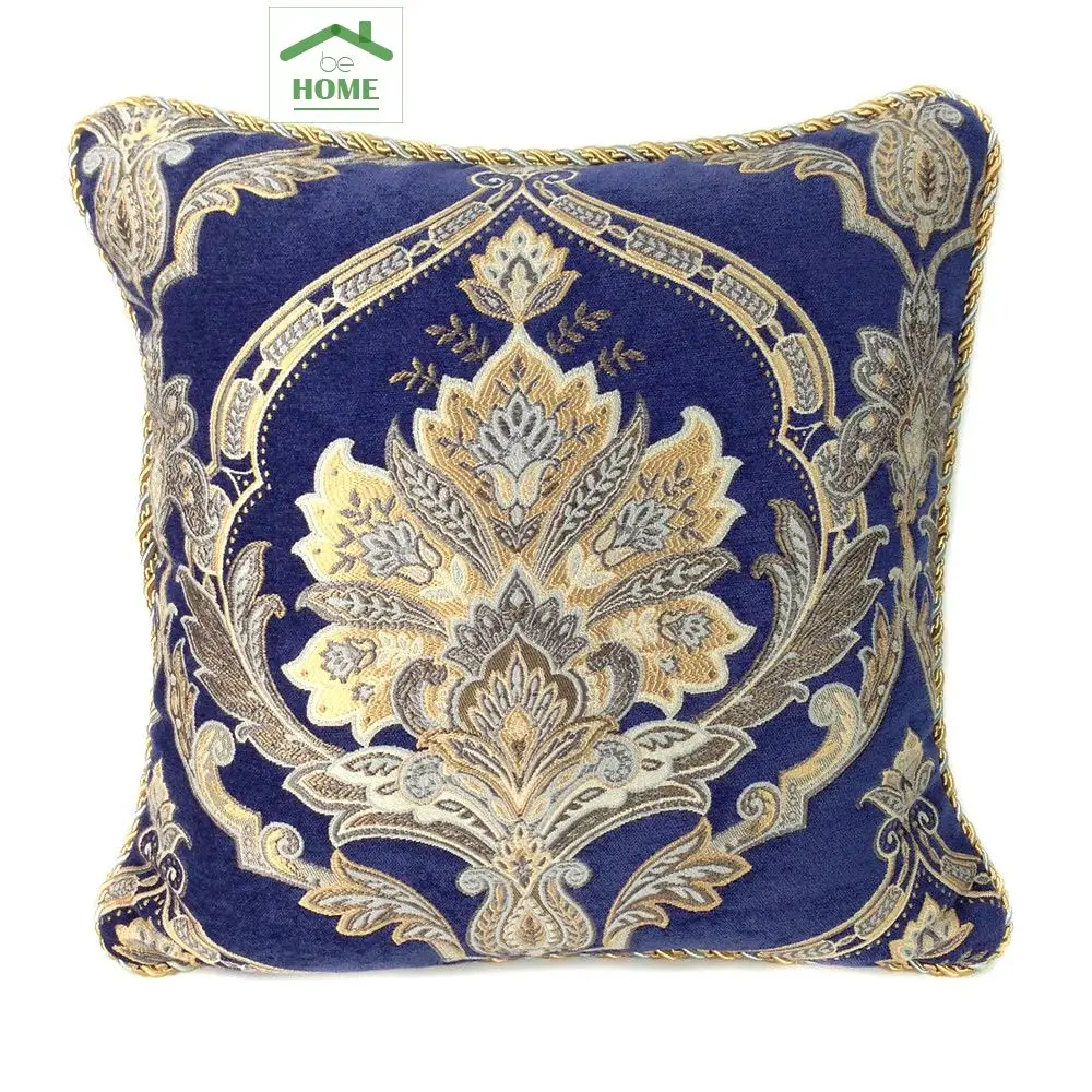 2016 Be Home Blue Damask Chenille Woven Rope Pipping Decorative Cushion