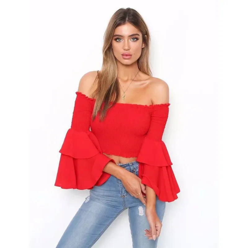 yinlinhe Yellow Off Shoulder Summer Tops Long Flare Sleeve Elasticity Sexy Crops Tops Women Backless Slash Neck Clothes 9