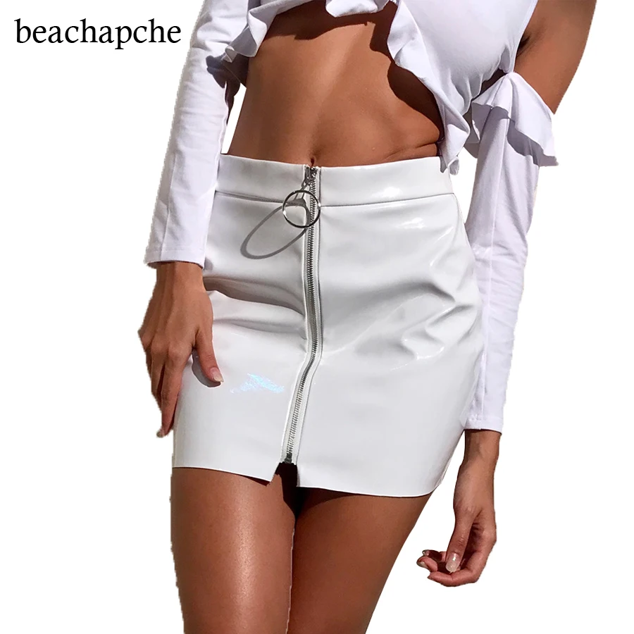 High Waist Sexy PU Leather Women Skirt Autumn Fashion Metal Circle