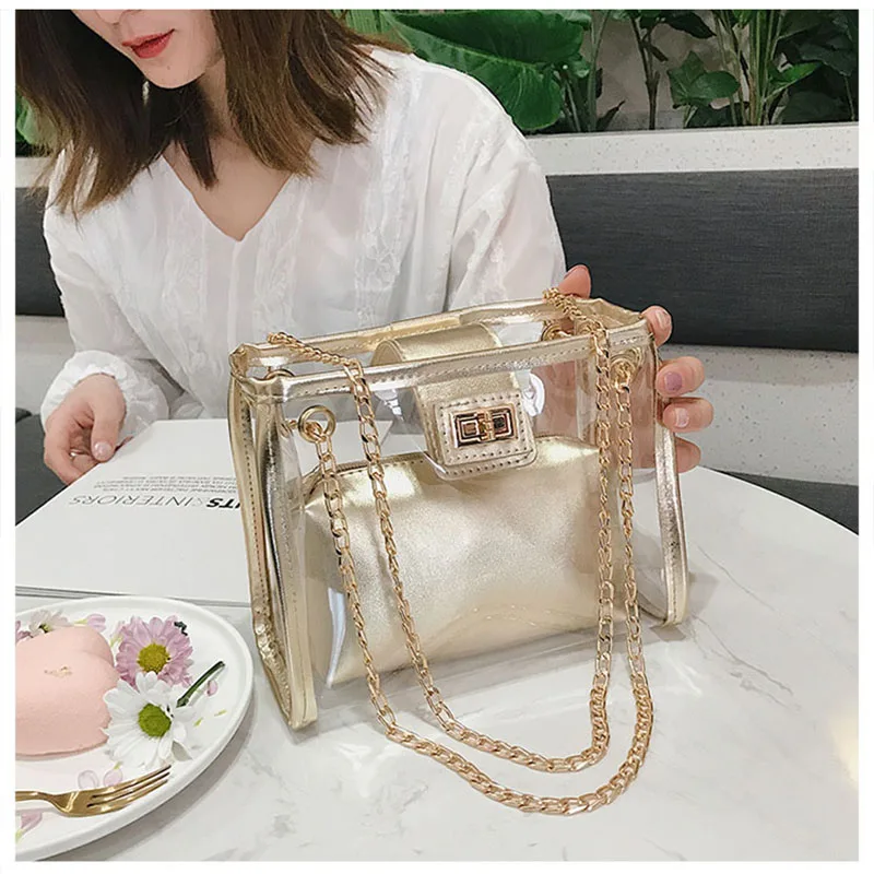 

Women Fashion Handbags Lady Transparent PVC Chain Shoulder Bags Female Large Capacity Composite Bag Casual Totes Hot Selling