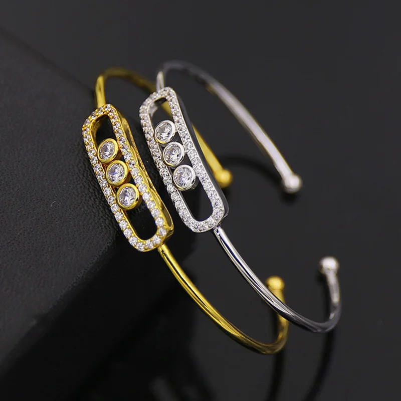 

2017 New Style Fashion Jewelry Brand Open Bangles Gold Color Full Crytal Three CZ Zircon Bracelets For Women And Men(DJ1027)