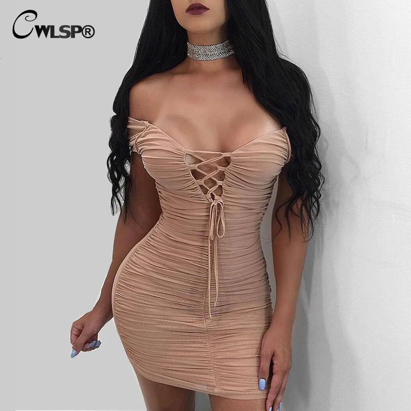 

CWLSP 4 Color Off Shoulder Bandage Milk silk dress for Women 2017 Summer V-Neck Sheath Women Mini Dress Beach vestido QZ2183