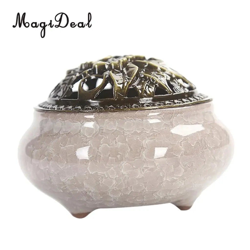 2x Cone Incense Burner with Alloy Cover Chinese Traditional Porcelain Sandalwood Censer Ceramic Incense Ash Catcher Tray Bowl