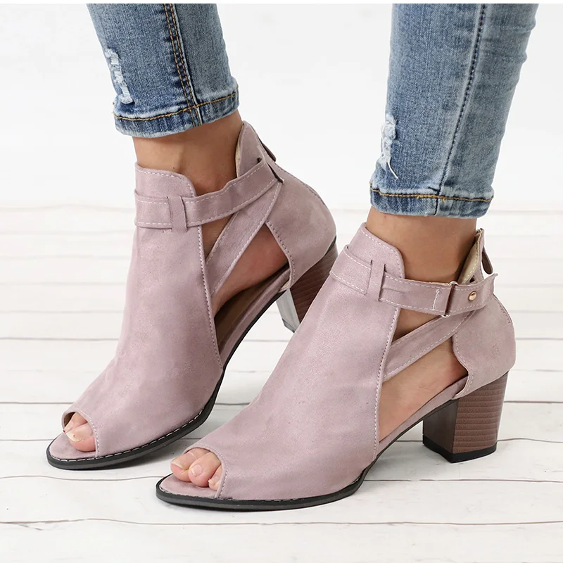 Toe Grande Talla Calzado Negro Sandalias Mujer Grueso Tacones gris Peep Medio Zapatos De Casual Retro Femenino Verano Hebilla Gladiador naranja Correa Moda xqwSwFI46