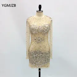 Короткие платья выпускного вечера 2018 оболочка одежда с длинным рукавом тяжелых бисером Кристалл Шампанское Вечерние платья Для женщин