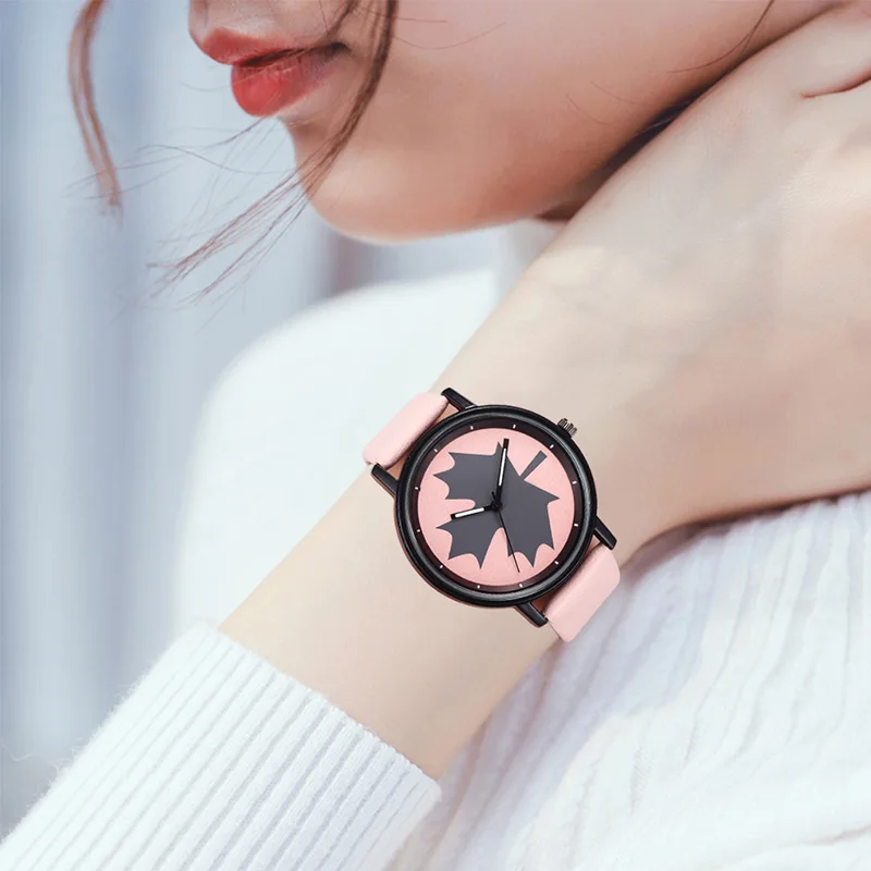 

Women Quartz Watch Maple Leaf Pattern Dial with PU Leather Strap @M23