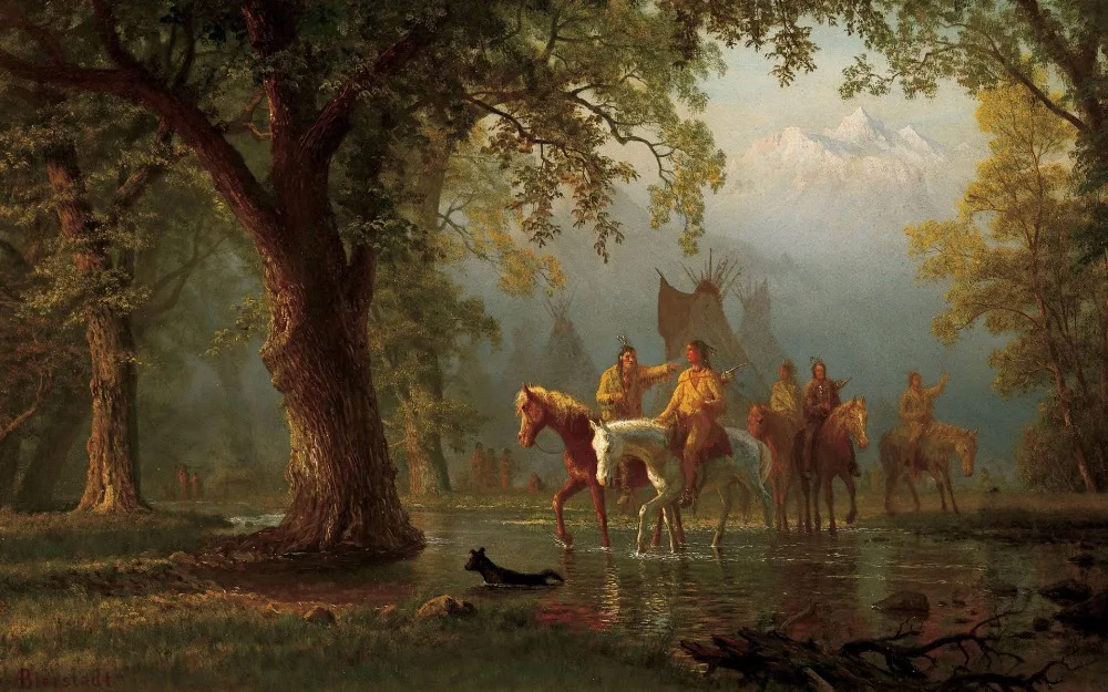 TOP ART Albert Bierstadt, Departure Indian War Party American West