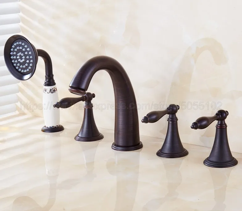 

Oil Rubbed Bronze 5pcs Bathroom Tub Sink Faucet with Hand Shower Deck Mounted 5 Holes 3 Handles Bathtub Taps ztf055