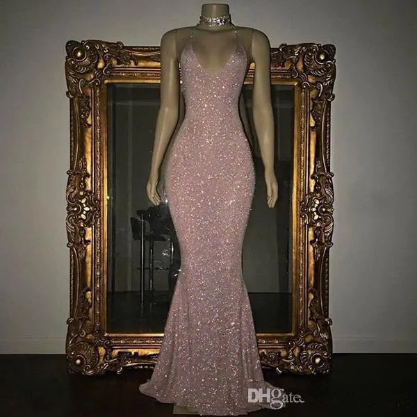 Vestidos de Baile Decote em v com Lantejoulas Longo de Baile Sereia Profundo Brilhante