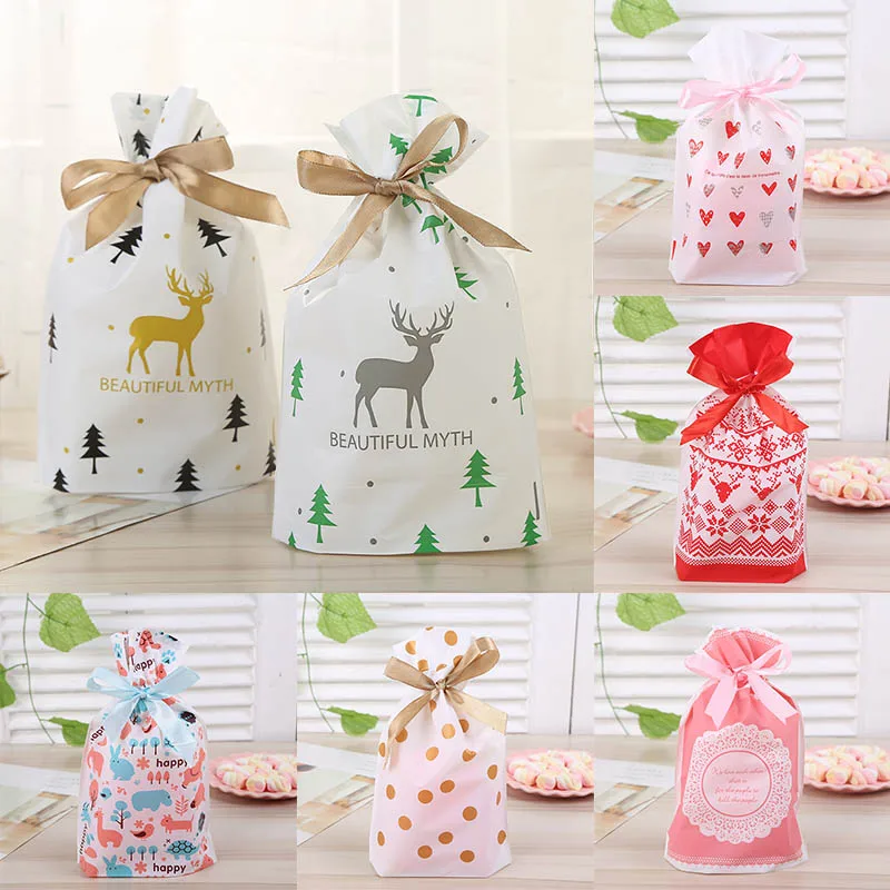 

Gift Package Plastic Stand-up 10Pcs Food Biscuits Birthday Party Supplies Cookie Snack Candy Bag Wedding Decor Ribbons