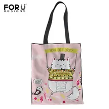 FORUDESIGNS/Холщовая Сумка для девочек Kawaii Cat с животным принтом, многоразовая хозяйственная сумка, Эко сумки для покупок для женщин, женская пляжная сумка для путешествий