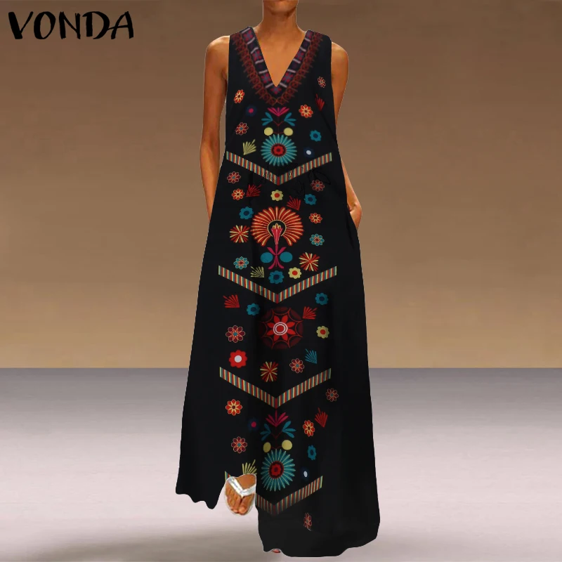 

VONDA Bohemian Dress Sexy V-Neck Sleeveless Print Maxi Long Pregnancy Dresses Vintage Maternity Vestidos Casual Party Sundress