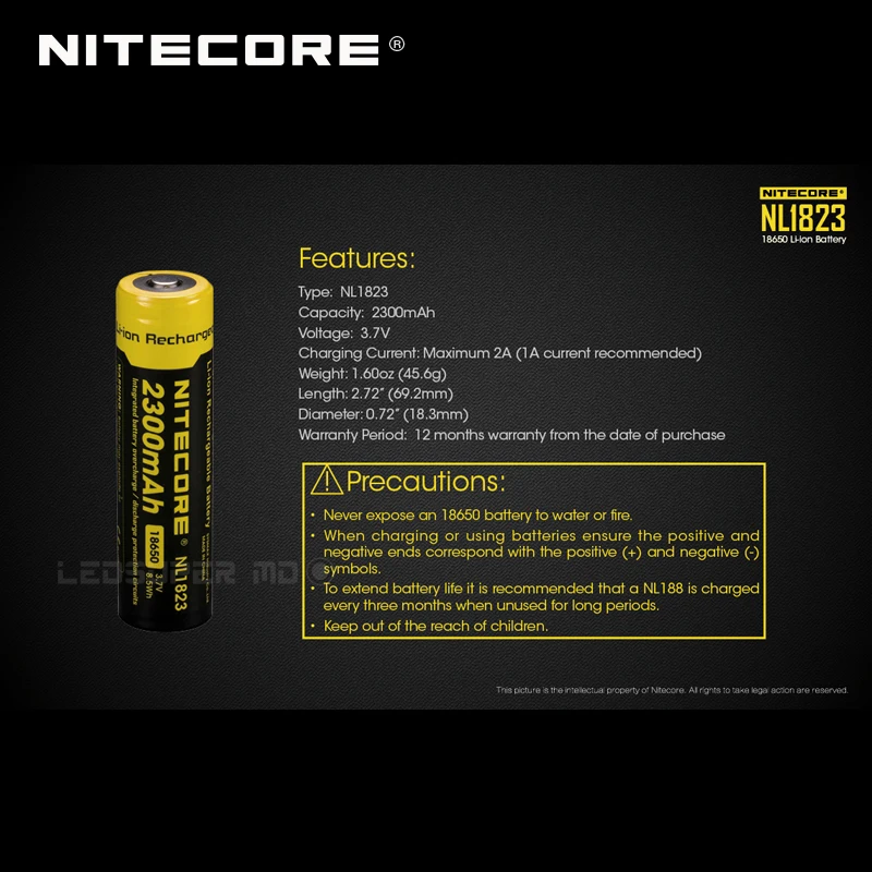 2 шт. Nitecore NL1823 2300 мАч 3,7 в Перезаряжаемый 18650 литий-ионный аккумулятор для светодиодный фонарик