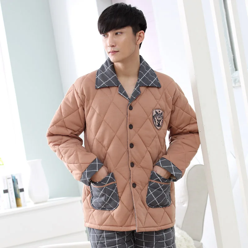 Three layer thickening winter pajamas men quilted jacket cotton quilted