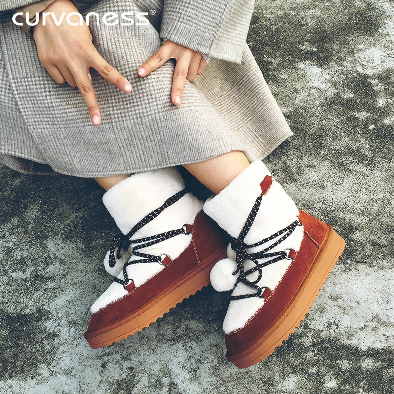

Curvaness New 2019 Winter Snow Boots Female Thick Wool Warm Cross Bandage Hair Ball Boots Cow Leather Patchwork Fur Ankle Boots