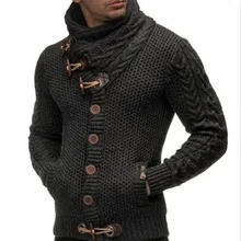 Модный мужской свитер, пальто, Осень-зима, Мужской однобортный Кардиган с высоким воротником, мужской однотонный теплый вязаный жакет 3XL