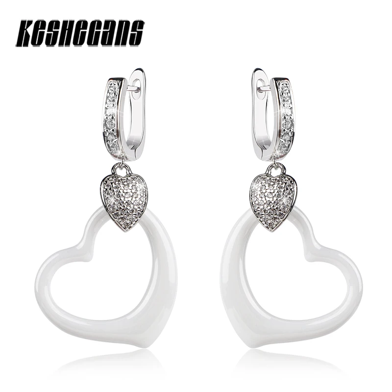 

Heart Shaped Rhinestone Earrings For Women Simple White Ceramic Drop Earrings Wedding Ear Jewelry Fashion Earrings White Color
