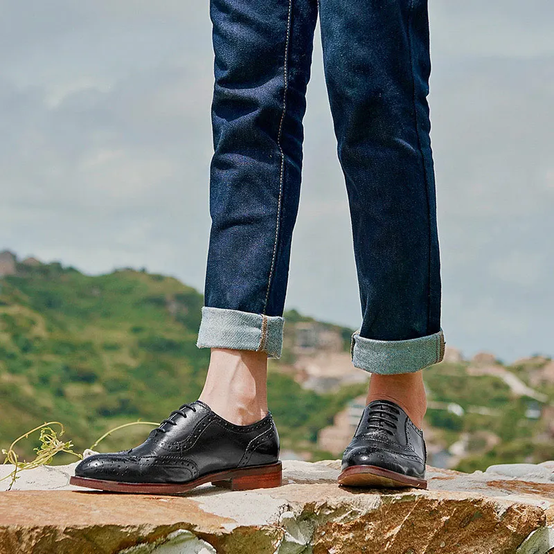 Cantik Oxford Wanita Ujung Sayap Kulit Asli Calfskin Flats Lace-Up