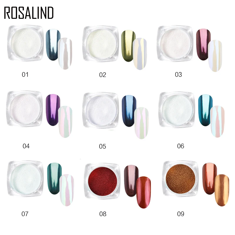 ROSALIND 1 коробка для ногтей зеркальная пудра для ногтей Блеск 9 цветов на выбор пигментная пыль маникюр Дизайн ногтей DIY хромированные украшения