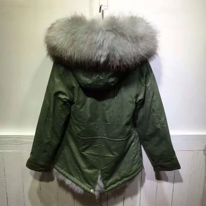 Зеленая куртка с лисьим мехом внутри, зимняя и весенняя Меховая куртка унисекс