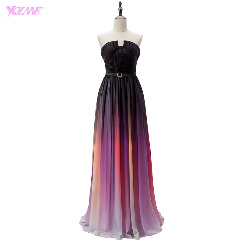 

YQLNNE Cheap Gradient Chiffon Long Prom Dresses Party Evening Gown Strapless Vestido De Festa Fashion Women Dress