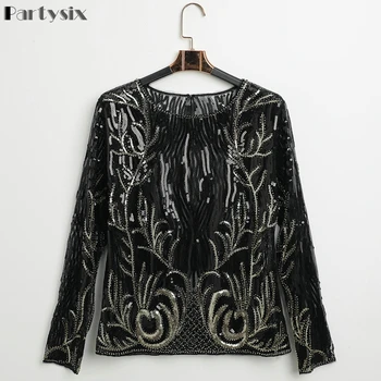 

Partysix women 2019 Party Clubs Luxury crystal Sequins embroidery Blouse lace Geometric Heavy beads Shirts