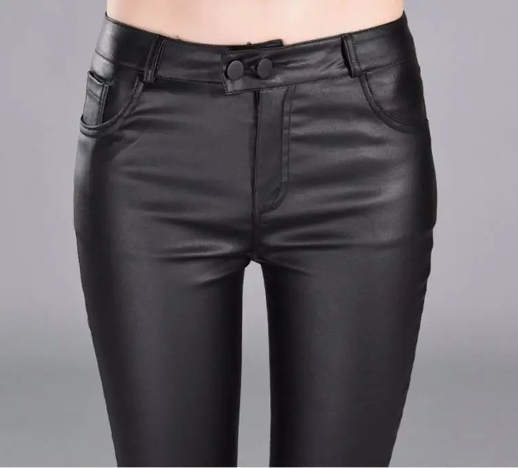Женские брюки из искусственной кожи с высокой талией эластичные блестящие леггинсы тонкие женские узкие кожаные брюки для женщин - Цвет: Черный