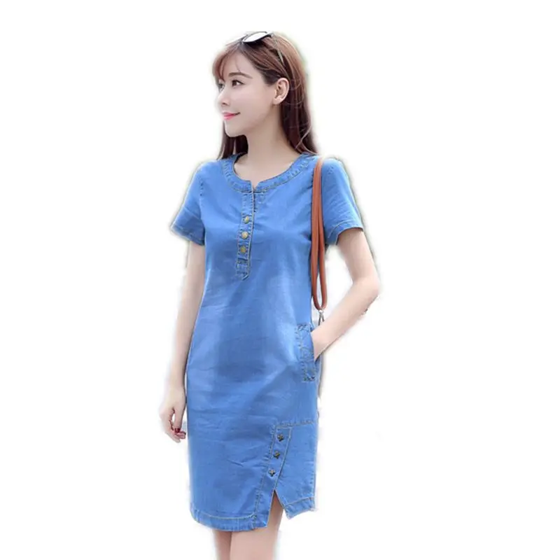 QMGOOD 2019 Dress of Denim for Women Summer Denim Dresses Short Sleeves Loose A-Line Large Size Dresses O-Neck Korean Sexy Dress QMGOOD 2019 Dress of Denim for Women Summer Denim Dresses Short Sleeves Loose A-Line Large Size Dresses O-Neck Korean Sexy Dress