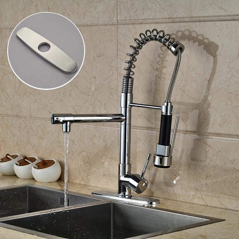 

Chrome Dual Spout Pull Down Kitchen Sink Mixer Water Tap Single Handle One Hole Kitchen Faucet + 8" Hole Cover Plate