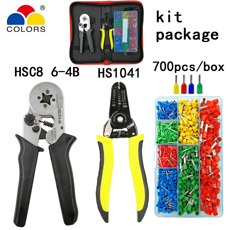 

COLORS Kit HSC8 6-4B 0.25-6mm2 crimping pliers HS1041 multifunction stripping cut wire plier suit 2 kind box tube terminal tools