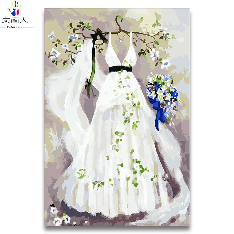 

Coloring painting by numbers White wedding dress oil painting package diy digital canvas paint by the number with kits package