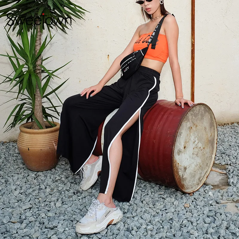 

Sweetown Autumn 2018 Wide Leg Pants Women Winter Black High Waist Trousers Streetwear Sexy Split Side Plus Size Korean Pants