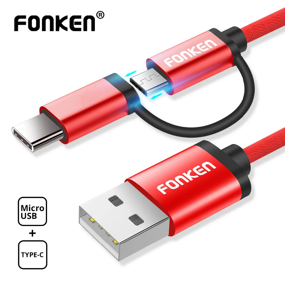 FONKEN 2 в 1 USB кабель Micro usb type C кабель для быстрой зарядки телефона Mini USB C Зарядка 2 адаптера 1 м кабели для мобильных телефонов