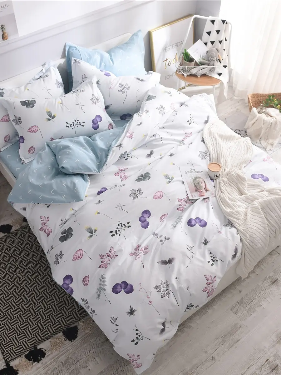 

3/4Pcs Bedclothes Cover Fresh Style Leaves Flower Pattern Bedding Set