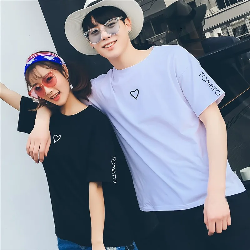 Unisex T-shirts Tops Plus Size Embroidery Letter Couples T-shirt Love Heart O-neck Casual T shirt Tops For Couple Lovers