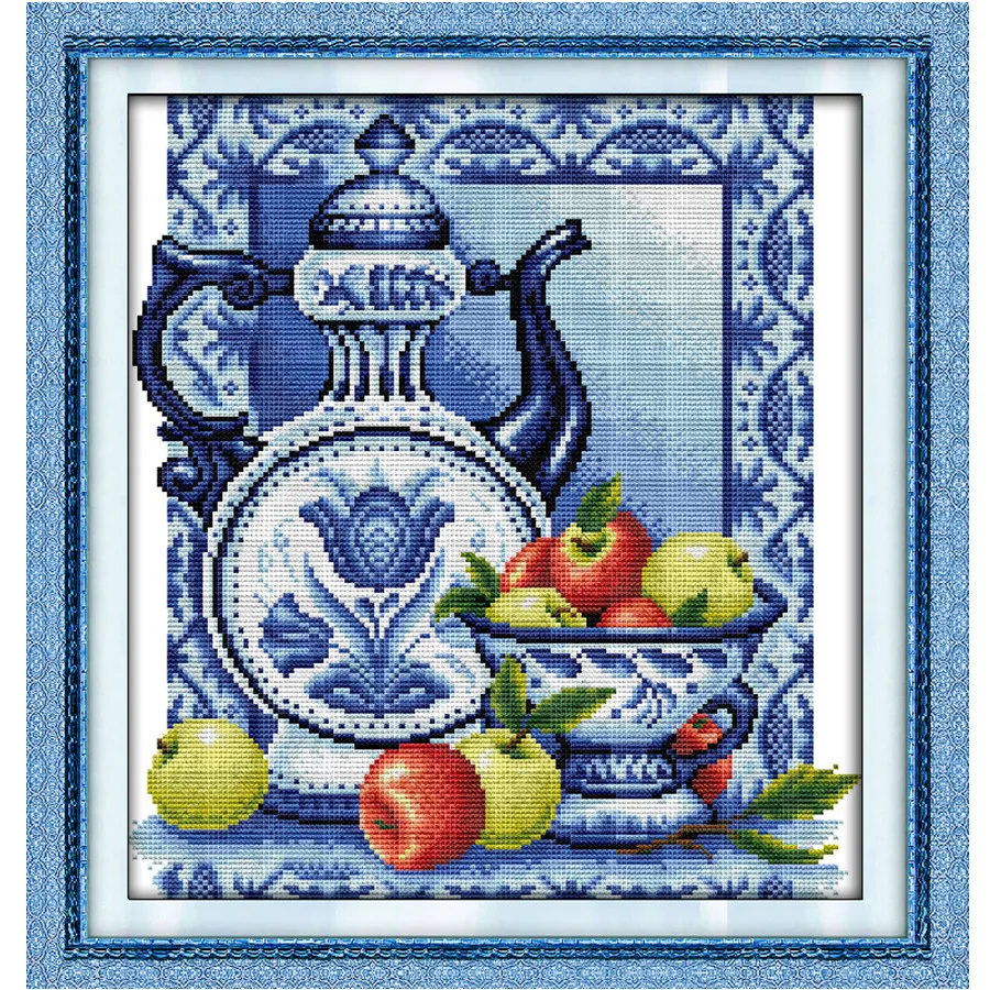 

Blue and White Porcelain Fruite Painting Chinese Cross Stitch Home Decor Counted Printed On Canvas DMC 14CT 11CT Embroidery Sets