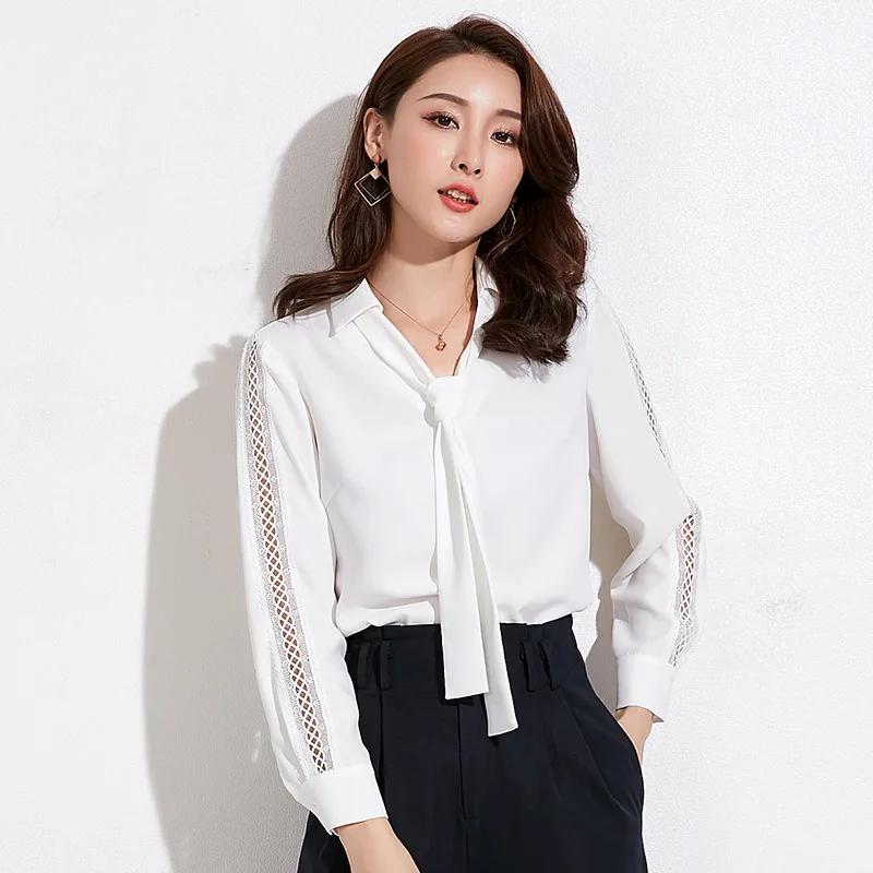 

Shuchan Hollow Out White Kimono Women's Blouse Ol Bow Tie Women's Summer Blouses Blusas Femininas Women Tops New 2019