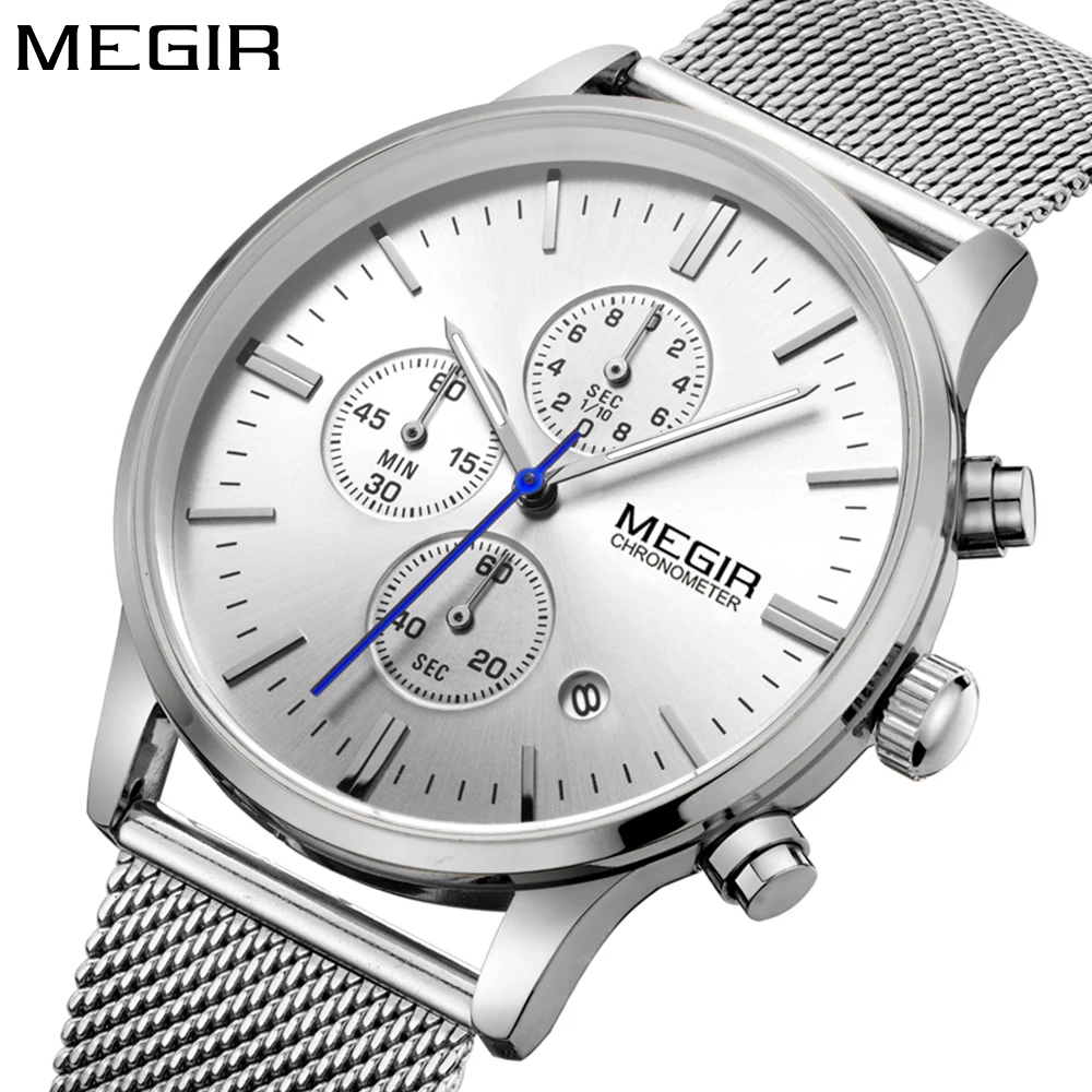 Megir Fashion Luxury Design Мужчины Повседневная хронограф из нержавеющей стали серебряная сетка рем ★