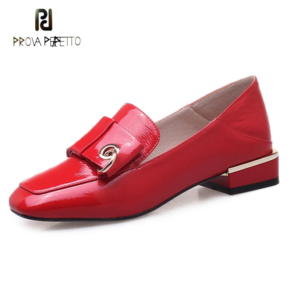

Prova Perfetto 2018 new patent leather brand low heel women shoes square toe slip on casual shoes metal decoration single shoes