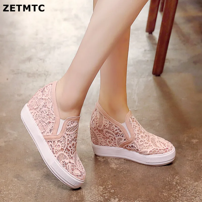 

ZETMTC 2019 New Fashion Casual Shoes Women Wedges Summer Lace ventilation Fretwork Shoes Increase Heels Platform Slip On Shoes38