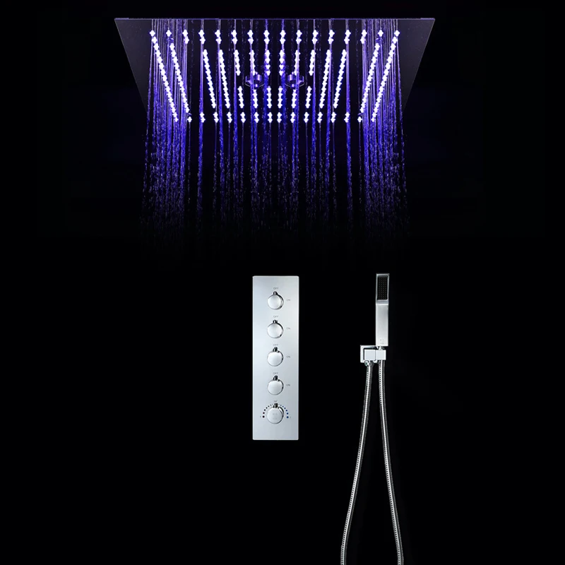 LED Ceiling Shower Set 16 Inch  Mist Rainfall Bathroom Shower Head 5 Functions Shower Diverter Controller Thermostatic Faucets