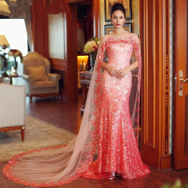 2017 Gorgeous Dubai Muslim Pink Prom Dresses with Long Shawl Crystal Beads Backless Vestido De Festa Longo Formal Party Gowns