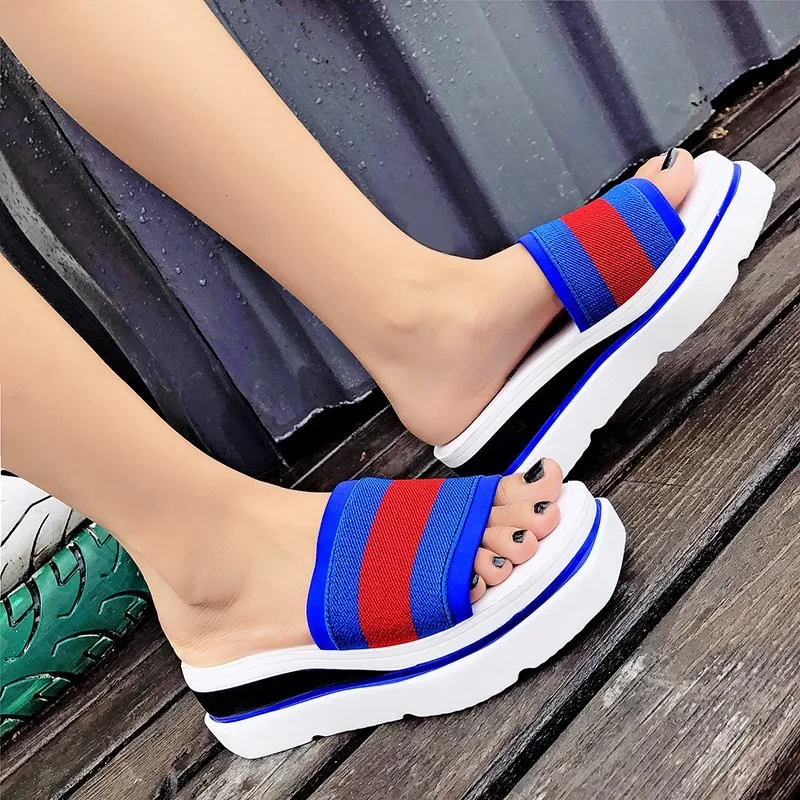 

Summer Women Slippers Cute Stripe Slides Slide Sandals 6cm High Heels Women Shoes Ladies Creepers Flip Flops Platform Wedges