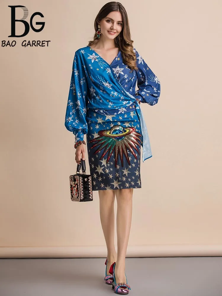 

Baogarret New Fashion Runway Spring Summer Suits Sexy V-Neck Lantern Sleeve Shirt And Sequined Print Skirt Two Pieces Set