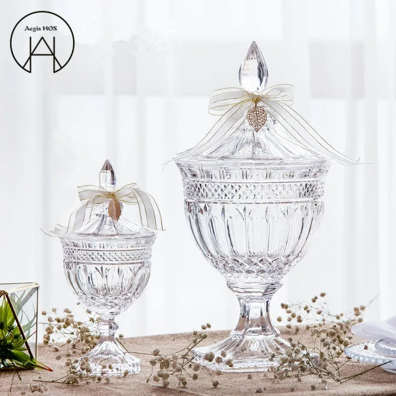 New high-end candy cans hotel wedding dessert storage pavilion table table window decoration high-foot cover glass jar ornaments