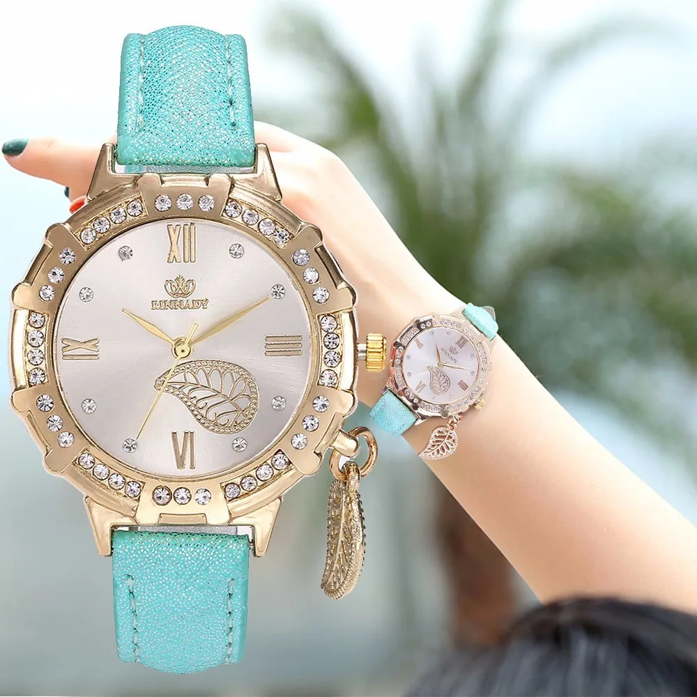 

Drop Shipping Women Rhinestone Leaf Pendant Watch Casual Fashion Quartz Wristwatches Female Dress Clock Relogio Feminino