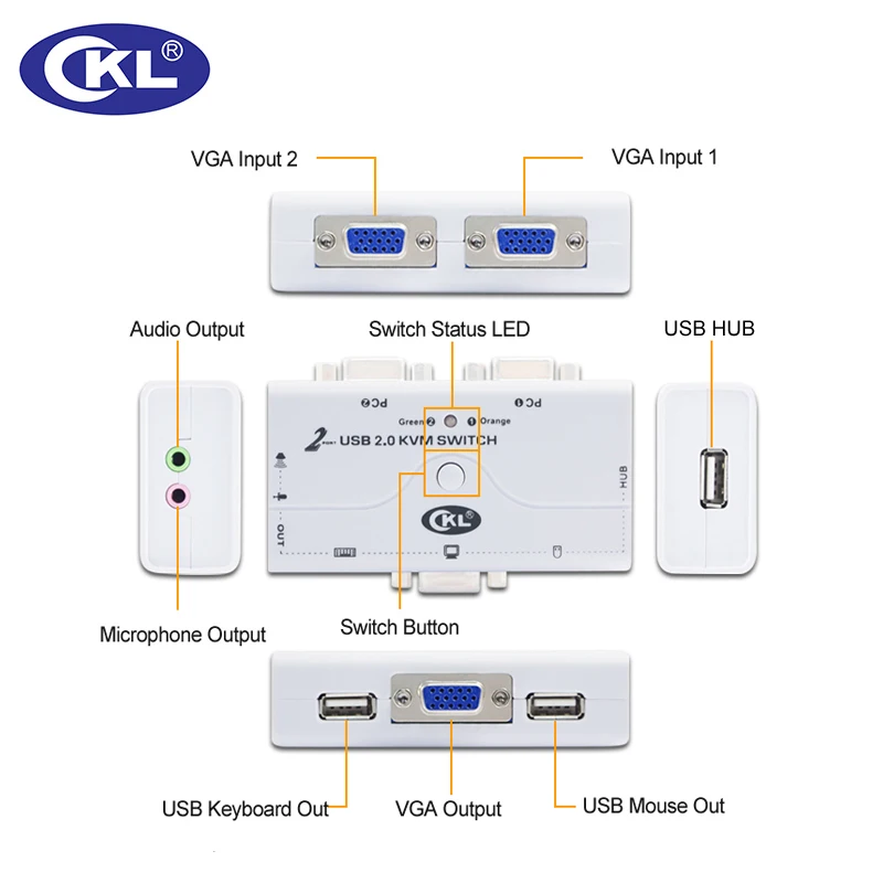 KVM переключатель VGA 2 порта USB 2,0 с кабелями Поддержка аудио микрофон принтер сканер Высокое разрешение 2048*1536 CKL-21UA