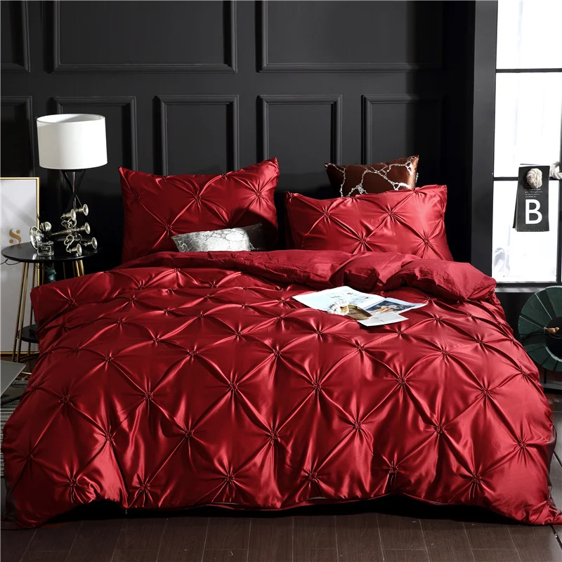 

Wine red Bedding Sets good quality King Double Size Satin Silk Summer Cold Luxury Bedding Kit Duvet Cover Set Imitation silk