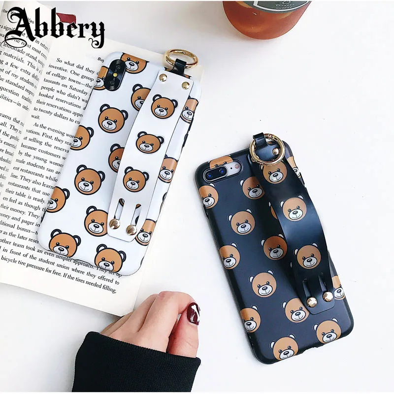 

Cute Bear Phone Case for iPhone X XS MAX XR 6 6S 7 8 Plus Luxury Soft Silicone Cover Anti-Knock Wristband Coque Funda Case