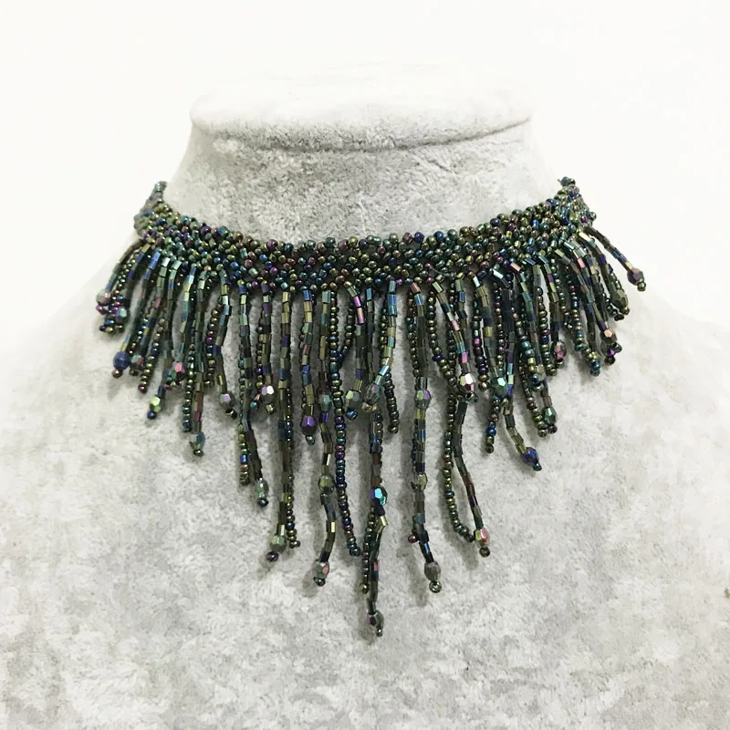 GothleticBrand100HandmadeSeedBeadFringeChokerNecklaceTassel